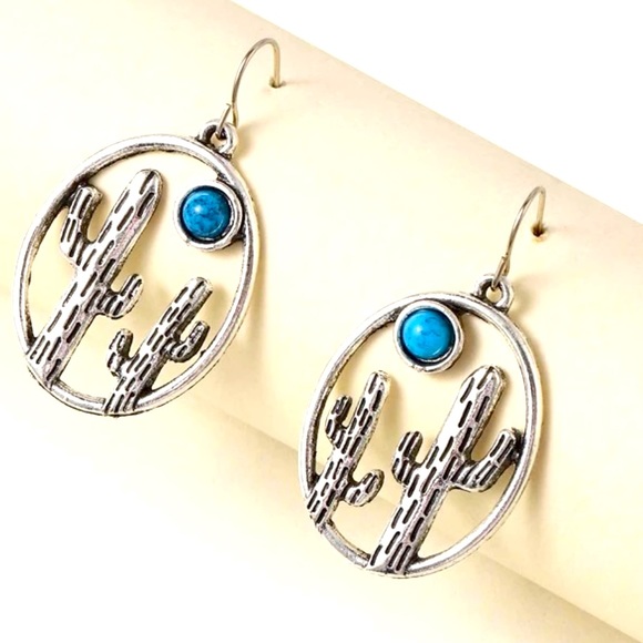 Turquoise and Silver Cactus Earrings - Picture 1 of 4